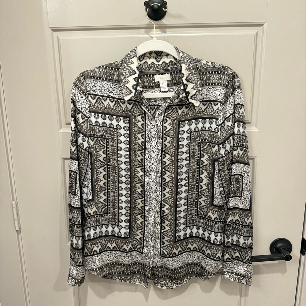 Chico's Women's Blouse Button Up Geometric Long Sleeve Shirt Silky